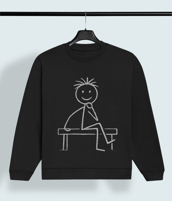 Minimalist Chalk Stick Figure Bench Sweatshirt – Men’s Playful Sketch Art Top