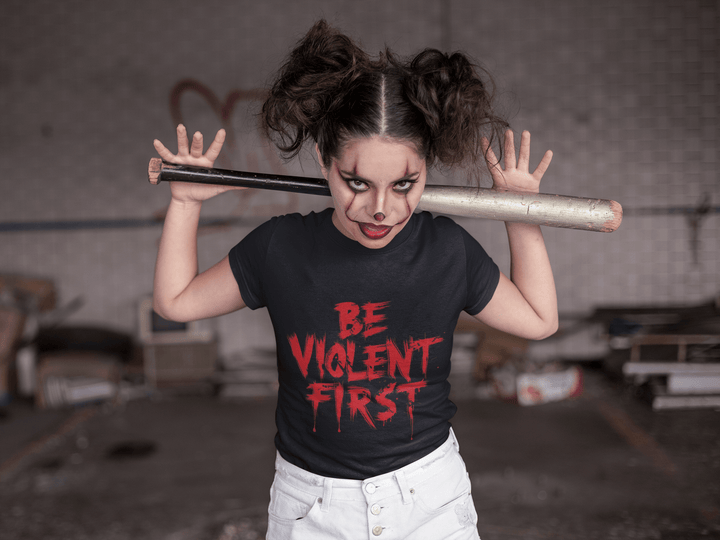 “Be Violent First” Streetwear Tee – Bold Red Drip Typography Design - Entitee