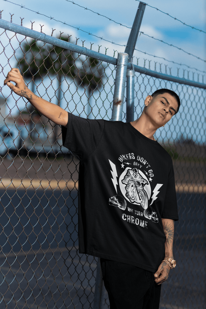 Bikers Don’t Go Grey Classic Crew – Unisex Oversized Moto Skull Tee - Entitee