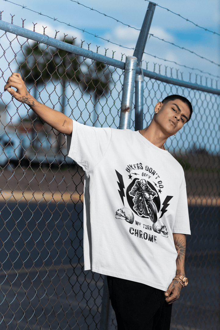 Bikers Don’t Go Grey Classic Crew – Unisex Oversized Moto Skull Tee - Entitee