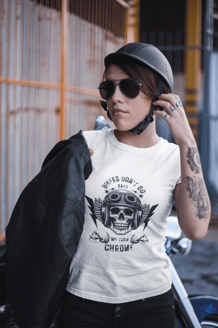Bikers Don’t Go Grey Classic Crew – Unisex Winged Helmet Chrome Tee - Entitee