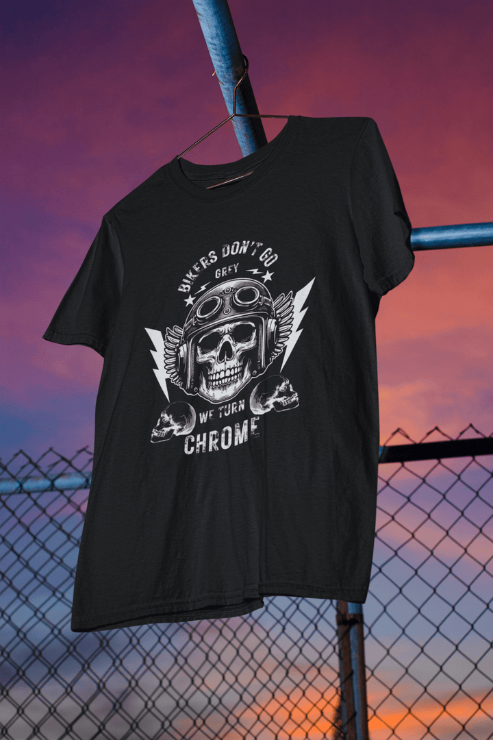 Bikers Don’t Go Grey Classic Crew – Unisex Winged Helmet Chrome Tee - Entitee
