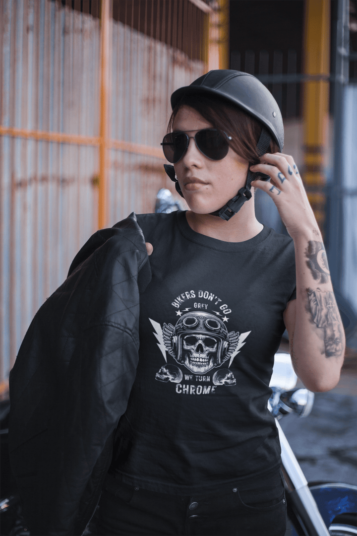 Bikers Don’t Go Grey Classic Crew – Unisex Winged Helmet Chrome Tee - Entitee
