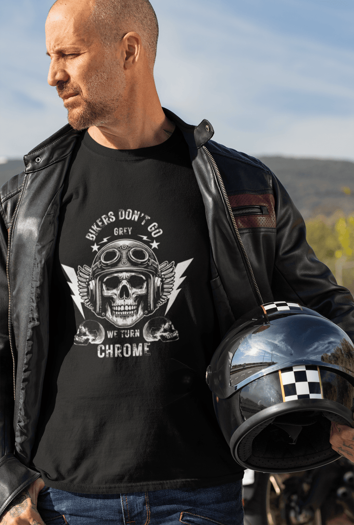 Bikers Don’t Go Grey Classic Crew – Unisex Winged Helmet Chrome Tee - Entitee