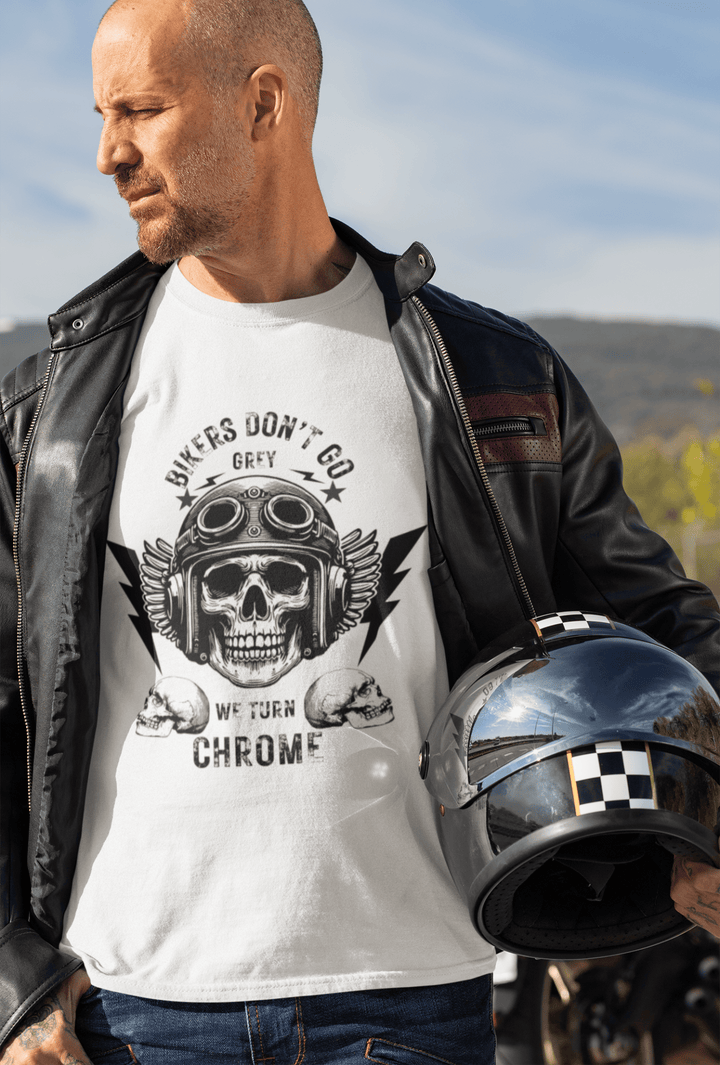 Bikers Don’t Go Grey Classic Crew – Unisex Winged Helmet Chrome Tee - Entitee