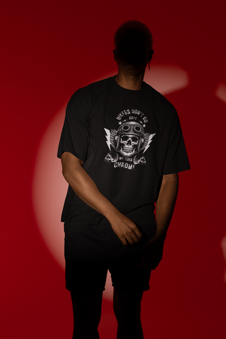 Bikers Don’t Go Grey Classic Crew – Unisex Winged Helmet Chrome Tee - Entitee