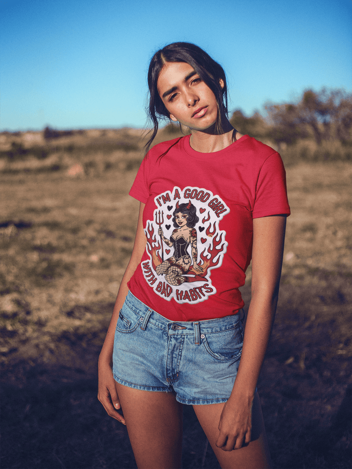 “Good Girl with Bad Habits” Retro Devil Girl Graphic Tee – Bold Streetwear for Rebels - Entitee