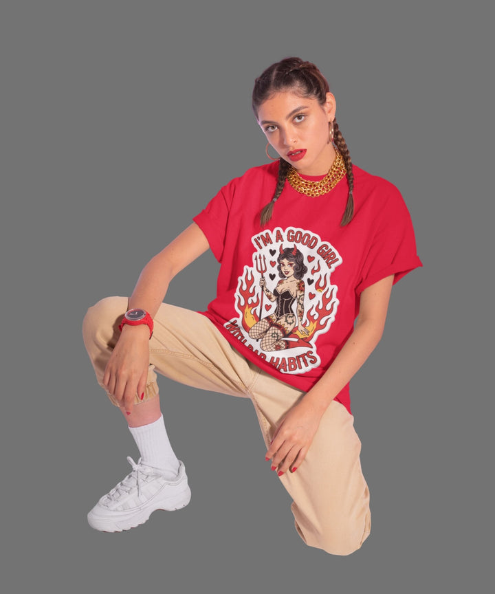 “Good Girl with Bad Habits” Retro Devil Girl Graphic Tee – Bold Streetwear for Rebels - Entitee