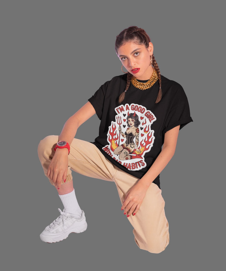 “Good Girl with Bad Habits” Retro Devil Girl Graphic Tee – Bold Streetwear for Rebels - Entitee