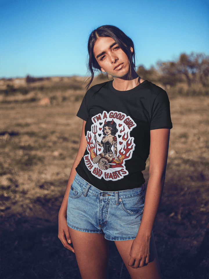 “Good Girl with Bad Habits” Retro Devil Girl Graphic Tee – Bold Streetwear for Rebels - Entitee