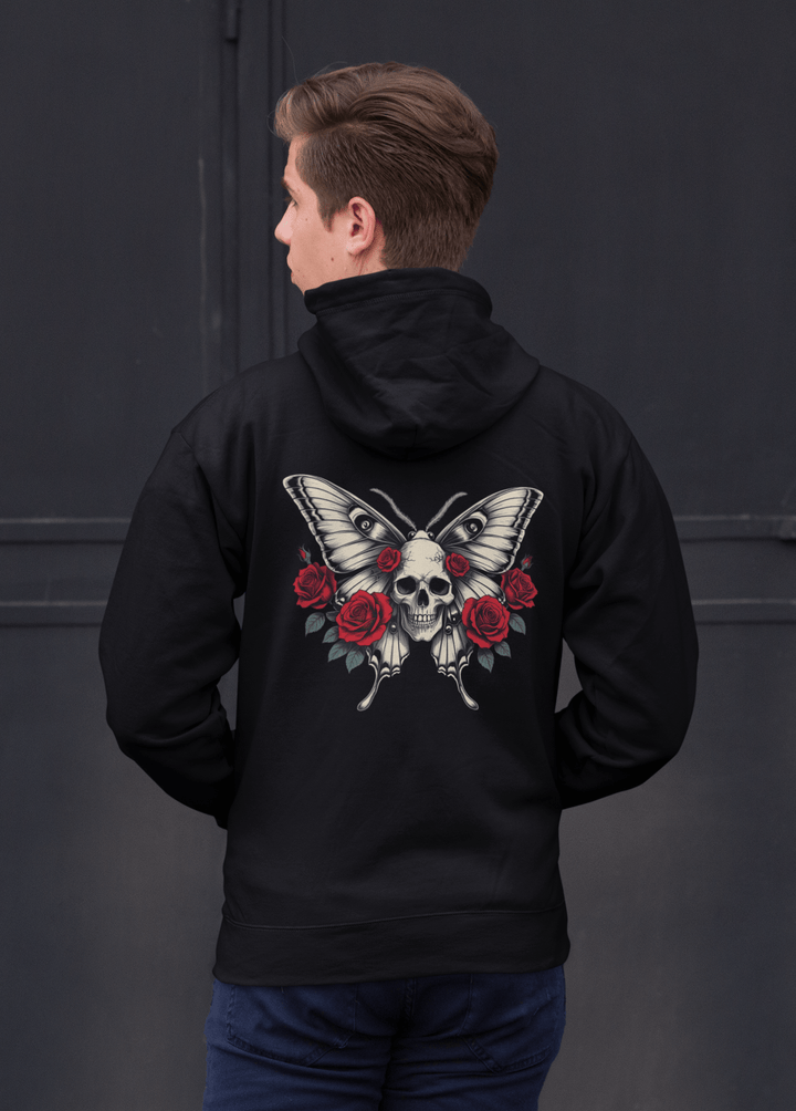 Gothic Moth Skull & Rose – Men’s Black Hoodie - Entitee